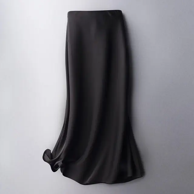 Summer Silk Midi Skirts Womens Korean England Style Satin Office Lady Simple Solid Elegant Faldas Mujer Moda Long Skirts Womens Black