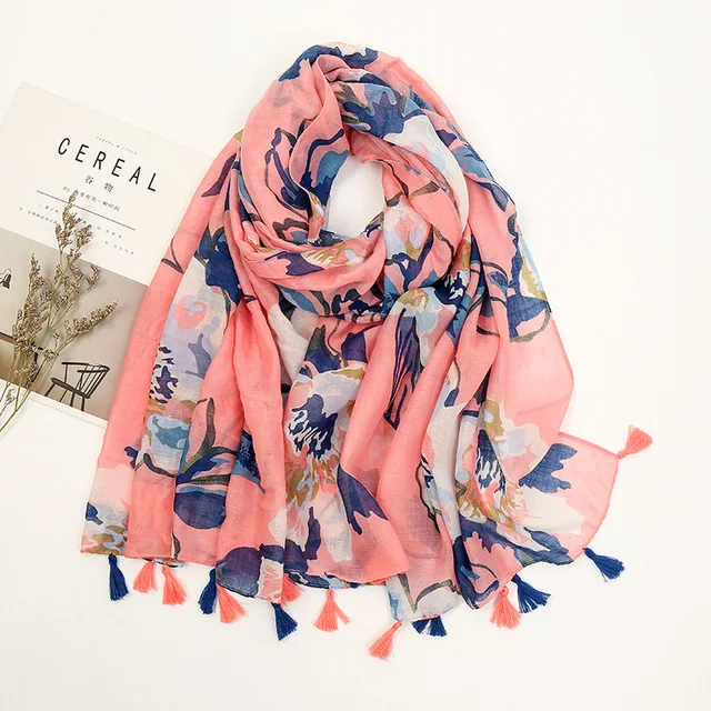 2021 Fashion Luxury Brand Aztec Floral Tassel Viscose Shawl Scarf Lady High Quality Wrap Pashmina Stole Bufandas Muslim Hijab 3