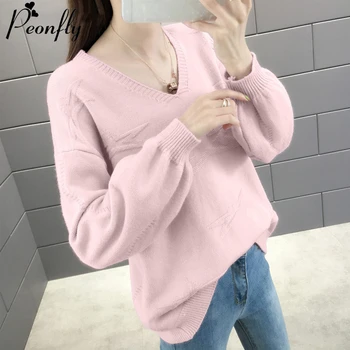 

PEONFLY Pink Loose V Neck Knitted Pullover Sweater Women Star Printed Jumper 2019 Korean Cute Long Sleeve Sweater Female Ladies