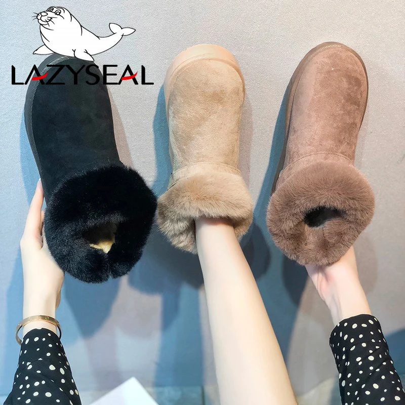 

LazySeal Winter Women Snow Boots Fashion Buckle Plush Ugged Female Snow Boots Bottom Flat Warm Waterproof Women Ankle Boots