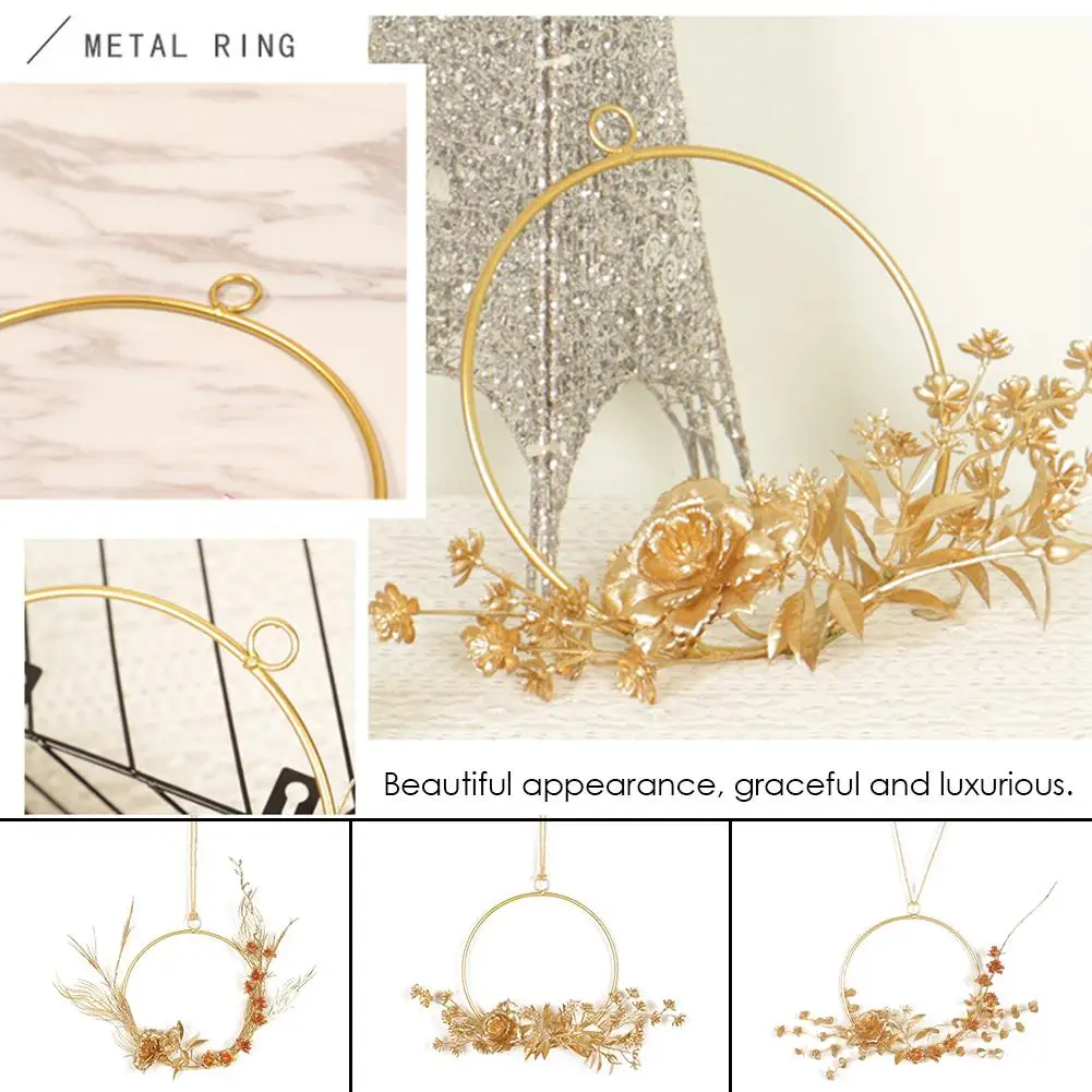 New Luxury Style Gold Hoop Gold Flower Wall Decoration Gold Color Wrought Iron Wall Hanging Metal Wreath Pendant Decorations Met
