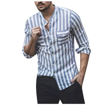 

Fashion Men Collarless Relaxed Striped Long Sleeve Shirts Pockets Tops Blouse S-3XL Plus Size hawaiian camisa social masculina