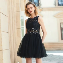 

Black Scoop Sleeveless Sequined Applique Dress Woman Mini Tulle Lace Backless Cutout Cocktail Dresses Short Ladies Women's Dress