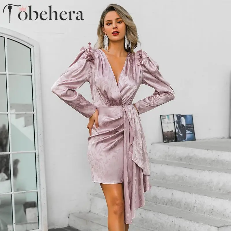 Glamaker Jacquard elegant pink satin dress Patchwork ruffle long sleeve short female Autumn winter v-neck sexy party | Женская одежда