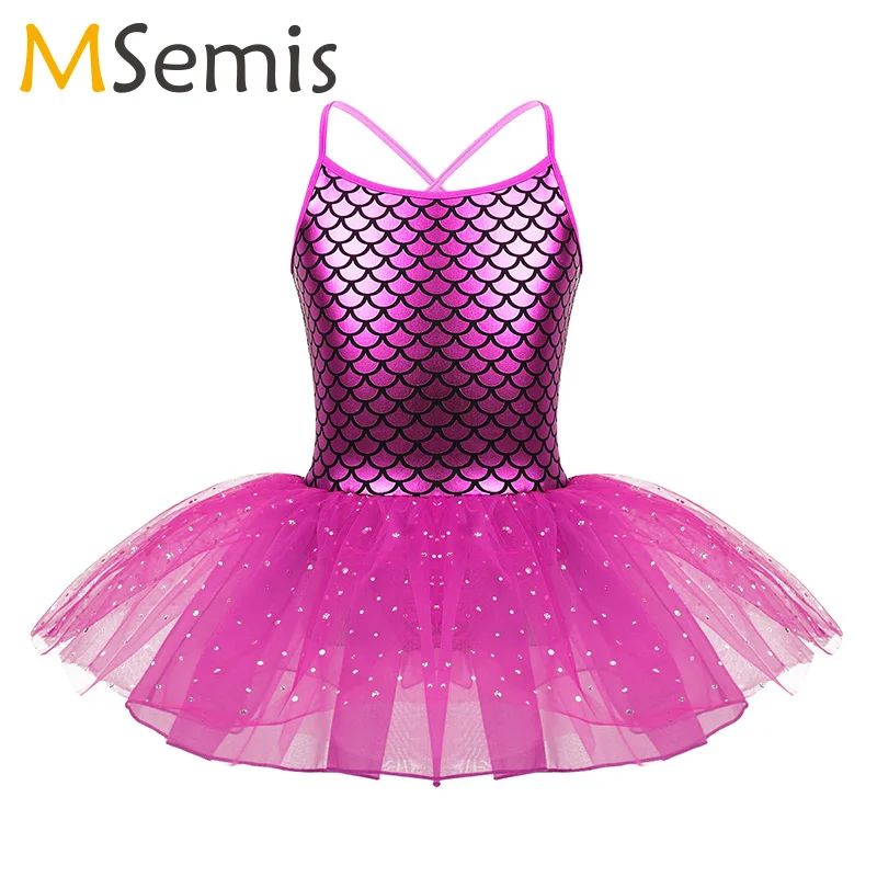 

Kids Girls Ballet Dress Glitter Mermaid Costume Spaghetti Shoulder Straps Scales Pattern Printed Ballet Dance Gymnastics Leotard