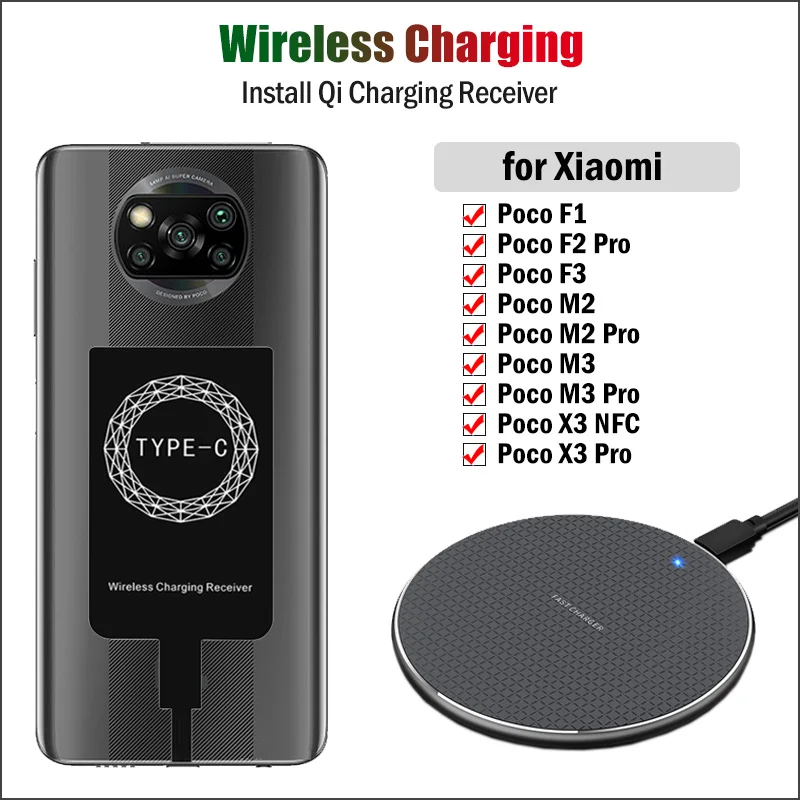 Qi Wireless Charging Receiver for Xiaomi POCO X3 NFC M2 M3 F1 F3 F2 Pro Wireless Charger USB Type-C Charging Adapter Gift Case