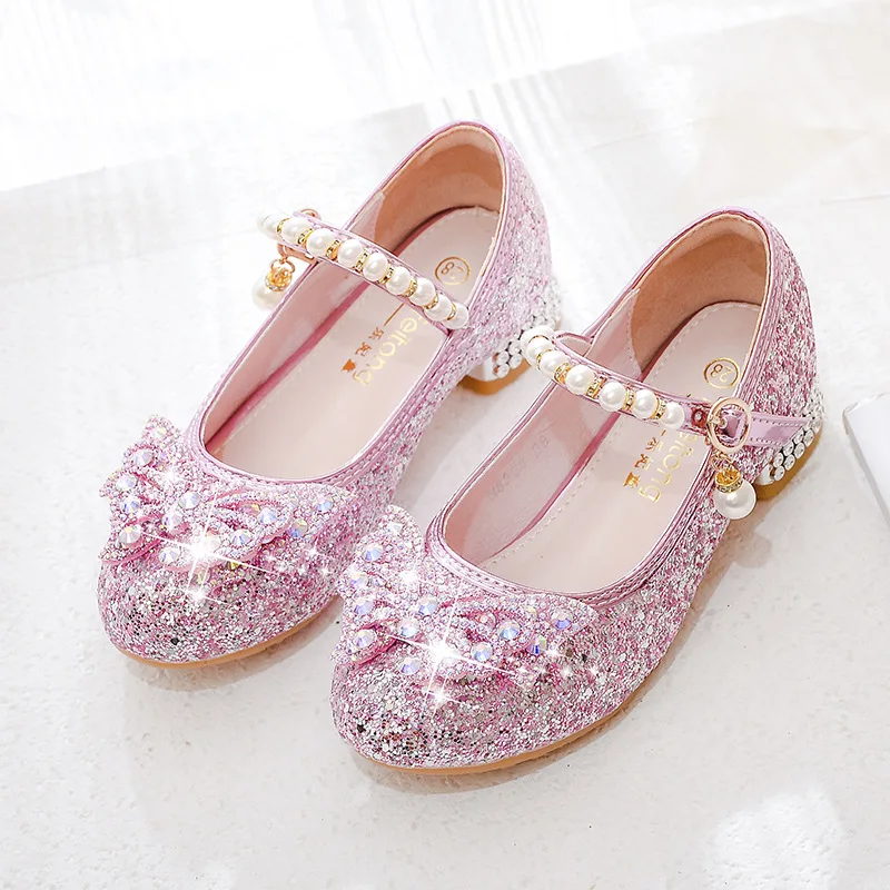 Princess Girls High Heels Children Dance Single Girl Crystal Bowknot Rhinestone Beaded Leather Shoes leather shoes girls shoes girls high heel shoes