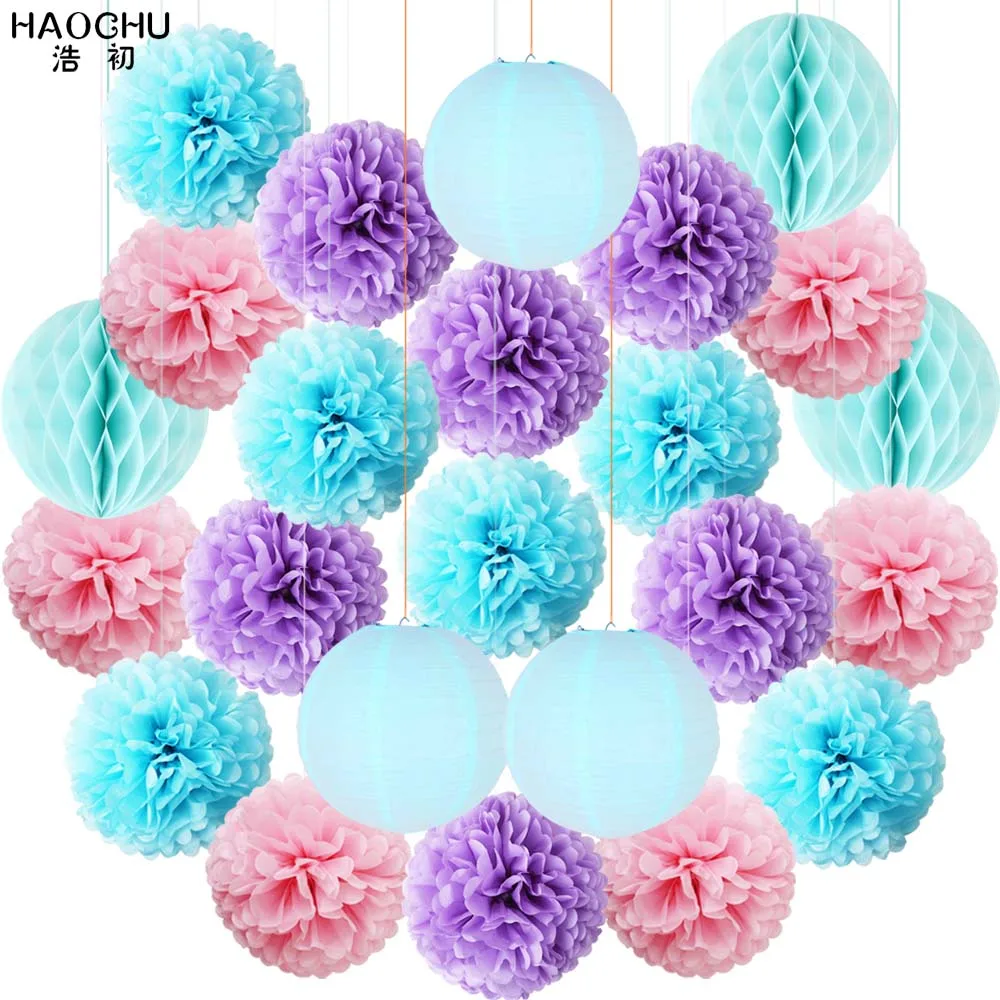 Blue Purple Pink 24 шт./компл. белые синие вечерние бумажные большие фонарики Тканные помпоны цветок соты Беби Шауэр детский Свадебные украшения для дня рождения - Цвет: Blue Purple Pink