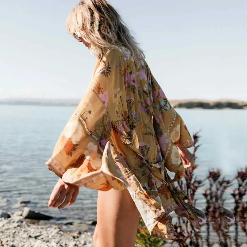 GypsyLady, кимоно с цветочным принтом в пустыне для женщин, 3/4 рукав, пояс, Boho, кимоно, открытая передняя часть, пляжный топ,, цыганская летняя блузка, Топ