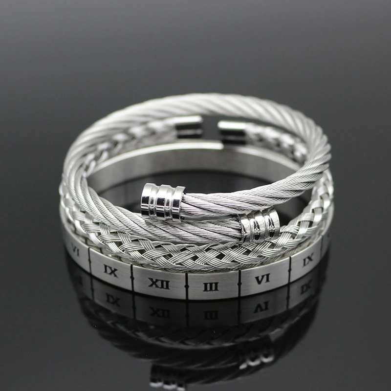 

3PCS/Set Hot Sale Men Cable Wire Bracelet Stainless Steel Roman Number Bangle Bracelet Pulseira Bileklik Luxury Men Best Gift