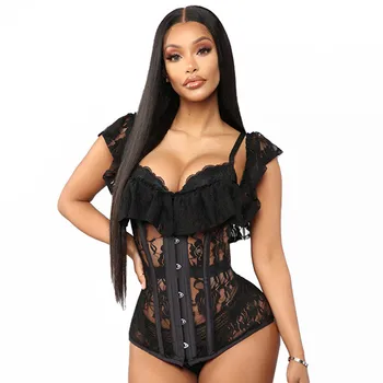 

Steampunk Corset Tops Lace Bustiers Woman Sexy Lingerie Erotic Corselet Transparent Off The Shoulder Sleeve Gothic Clothing