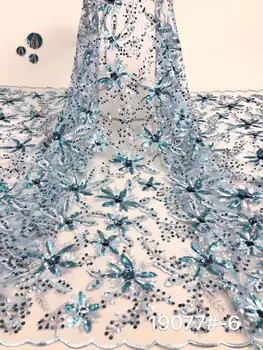 

(5yards/pc) fancy embroidered tulle lace skyblue African French net lace fabric with sequins high quality for party dress FZZ679