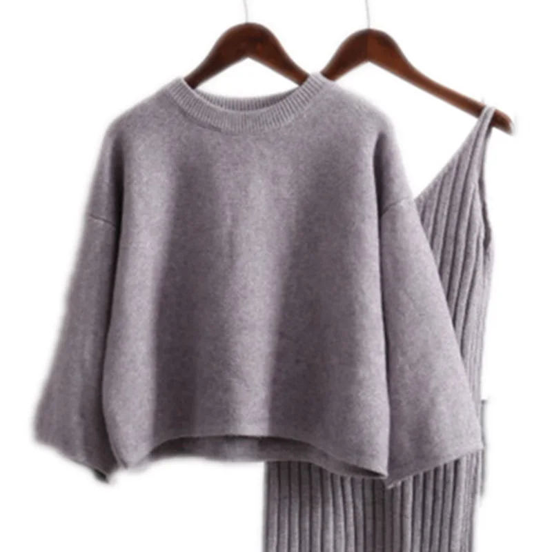 Комплект из 2 предметов, новое модное платье-свитер+ трикотажные пуловеры, Корейская версия, женский свитер с рукавом три четверти и круглым вырезом, топы - Цвет: Gray