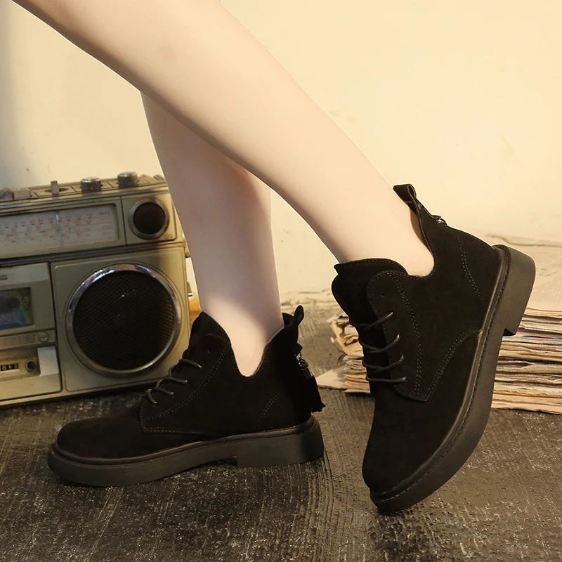 

Ladies Winter British Style Suede Slip-On Boots Casual Fashion Zipper Platform Comfortable Round Toe Boots Ankle Boots Black