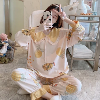 

Printed women's cotton pajamas Women's autumn winter pajamas long sleeve cardigan square neck home wear two pieces