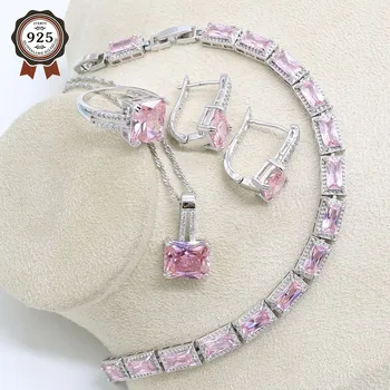 

Silver Color Wedding Jewelry Set for Women Pink Zirconia with Bracelet Hoop Earring Necklace Pendant Ring Free Shipping