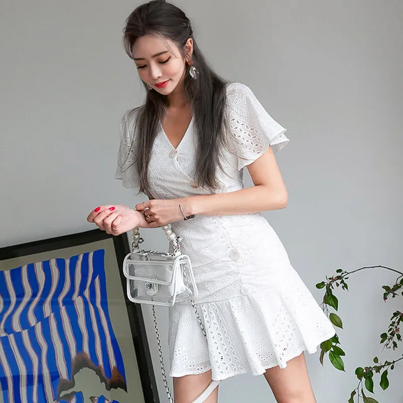 

7611 #2019 Summer Wear New Style Korean-style Elegant V-neck Slim Fit Shirred Single Breasted Flounced Hollow out Dress Women's