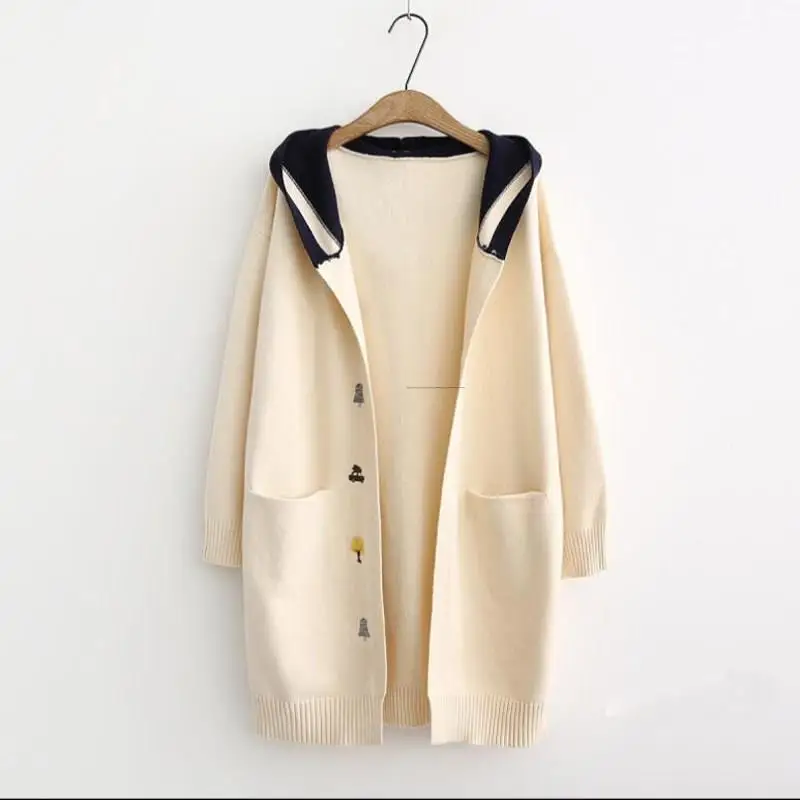 #Special Offers Autumn Winter Preppy Girl Pockets Embroidery Knit Hooded Cardigan Casual 2019 New Women Knitting Long Sleeve Long Sweaters #Special Offers Autumn Winter Preppy Girl Pockets Embroidery Knit Hooded Cardigan Casual 2019 New Women Knitting Long Sleeve Long Sweaters