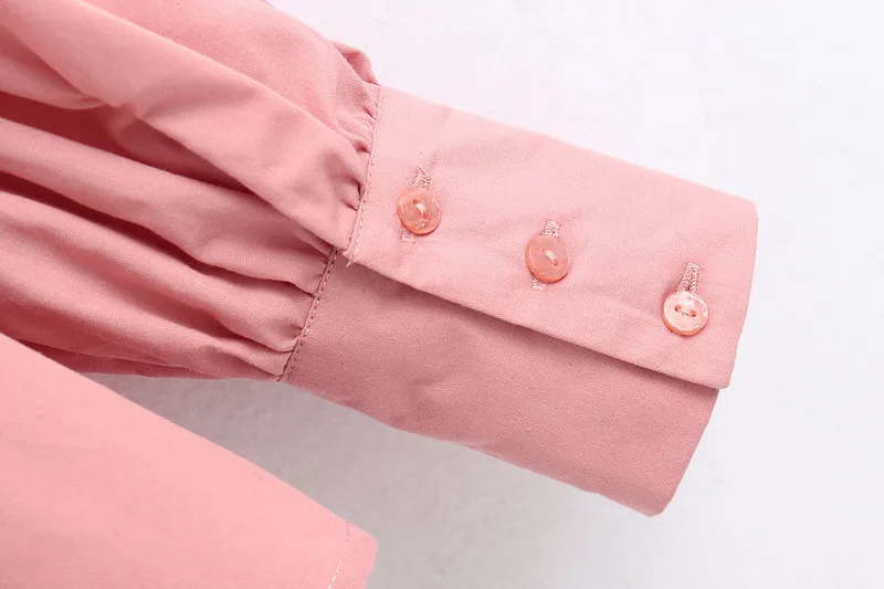 Женская рубашка с оборками весна Новая мода длинный рукав мягкий поплин розовый Топы современная леди Свободная блузка