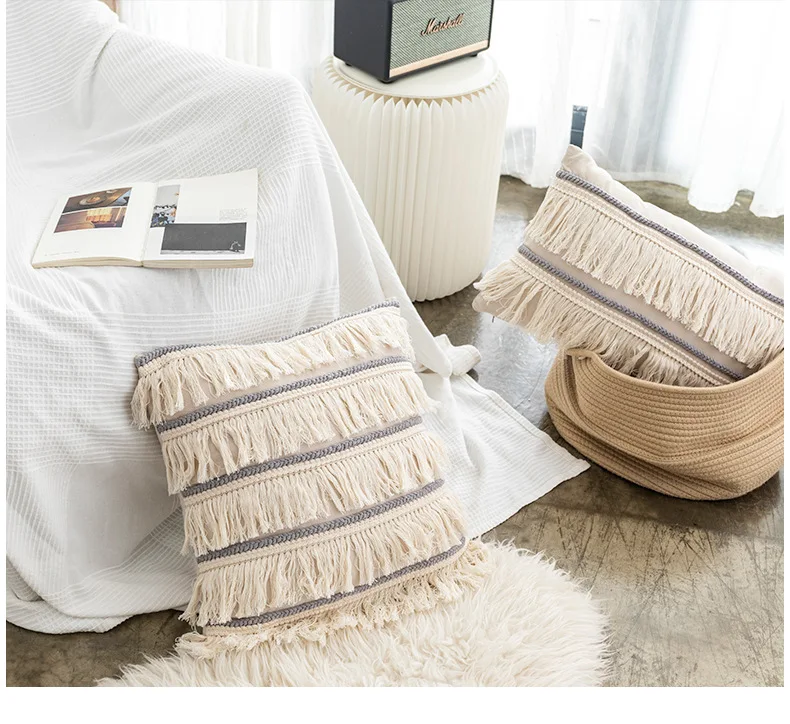 Чехол для подушки с бахромой в скандинавском стиле из хлопка и льна, наволочка с вышивкой для дивана, стула, украшения для дома 30x50 см/45x45 см