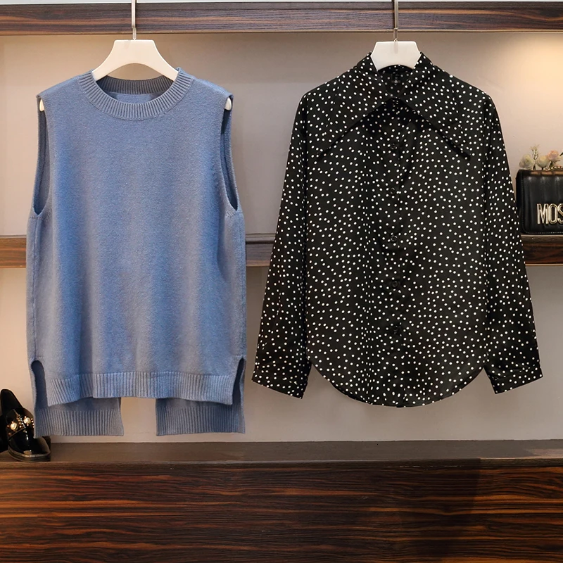 XL-5XL размера плюс, женская одежда из двух частей, осень, модные рубашки в горошек с длинным рукавом и Вязанный свитер без рукавов