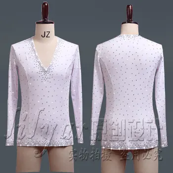 

Sparkly Rhinestones Latin Dance Top White Black V-neck Men Dance Shirts Ballroom Latin Dancing Professional Competition Clothes