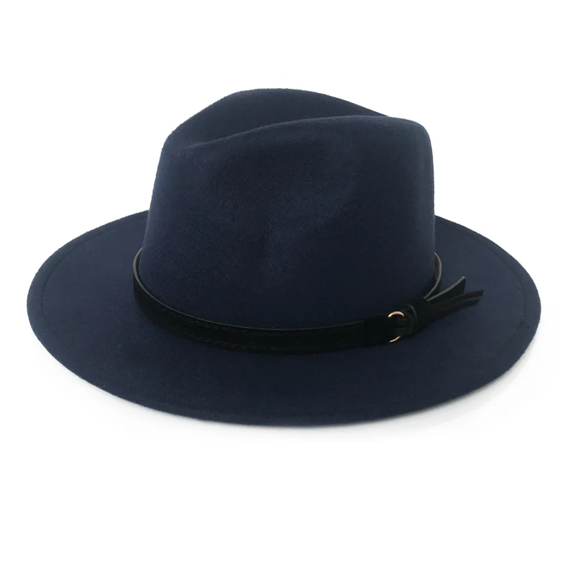 YY черный кожаный ремень Fedora шляпа для мужчин зимняя винтажная фетровая шляпка винтажная Трилби женские церковные шляпы Chapeau Femme Feutre FD19020 - Цвет: Navy Fedora Hat