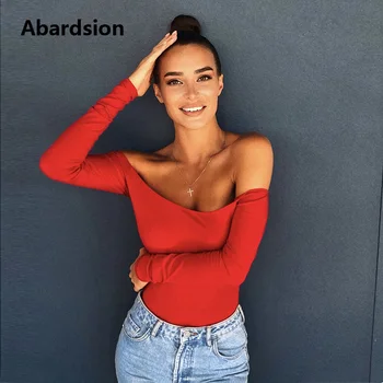 

Abardsion Long Sleeve Off Shoulder Bodysuit Sexy Women Solid Body Top Femme Stretch Skinny Backless Bodysuits 2020