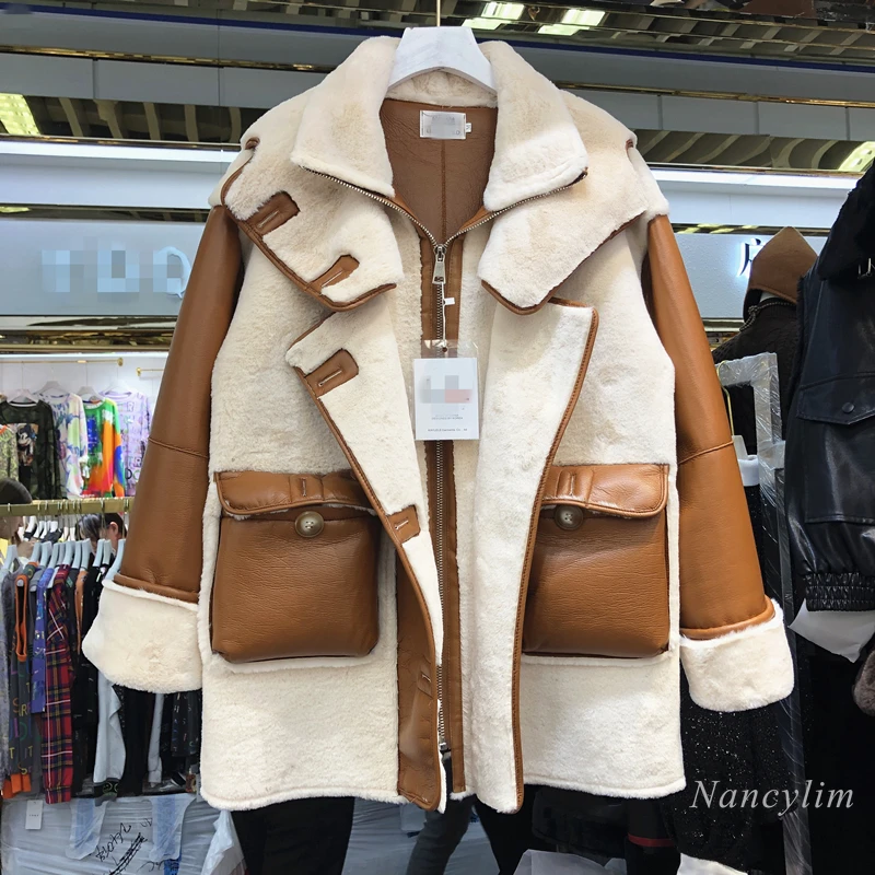 

2020 Winter New Leather and Fur Patch Hooded Thickened Long Coat Women's Lamb Fur Patchwork Cotton-Padded Jacket Warm Overcoat