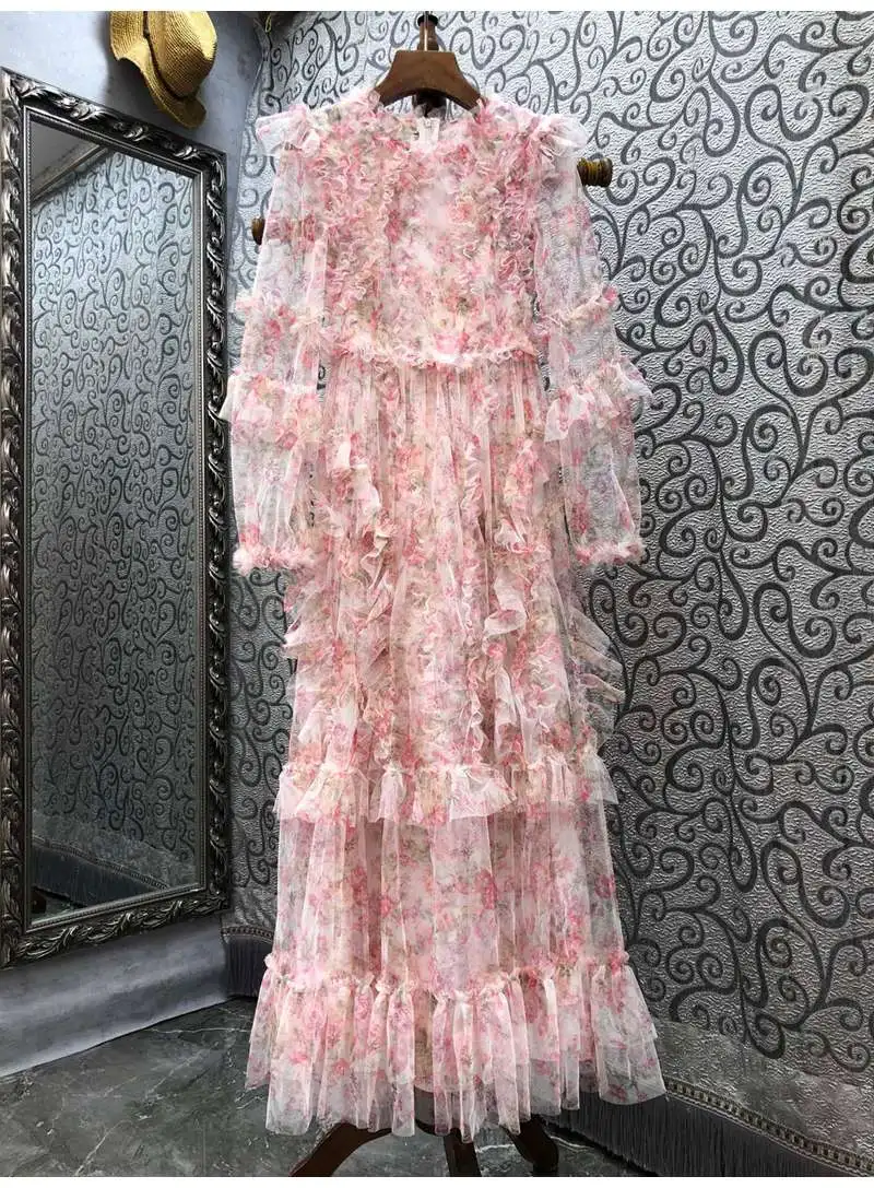 

Long Maxi Dress 2022 Spring Summer Wedding Party Women Allover Ruffle Floral Patterns Long Sleeve Party Ladies Long Mesh Dress