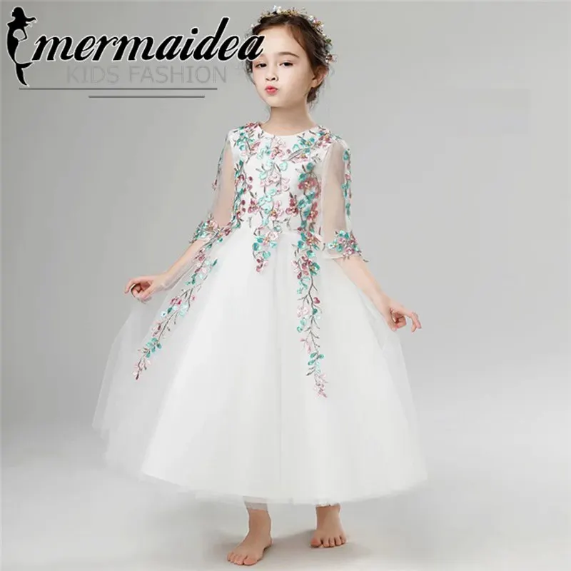 white long dress Новинка; сезон осень-зима; роскошное детское бальное платье принцессы с вышитыми цветами для девочек; праздничное платье принцессы; детское платье для дня рождения; подарок - Цвет: white long dress