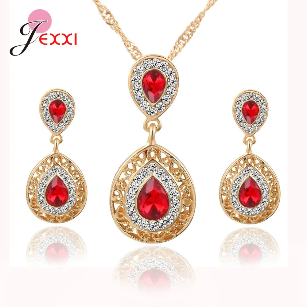 

Free Shipment 925 Sterling Silver Waterdrop Pendant Jewelry Sets Green/Red/Blue Cubic Zirconia Earrings Necklaces Wholesale