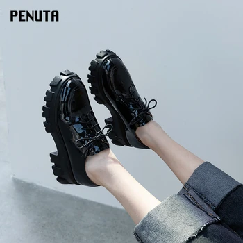 

2020 PENUTA platform shoes Lace Up Heels Black Patent Leather Pumps Top Quality Women Thick Bottom Brogue Shoes New 34-39 G0081