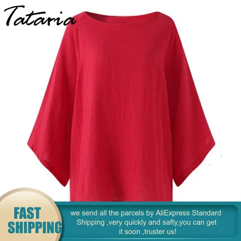 Винтажная блузка из хлопка и льна большого размера женская льняная с круглым