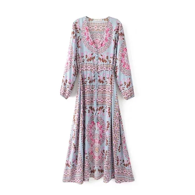 

2017 Spring And Summer New Style Printed V-neck Bandage Cloth Long Skirts Pullover Elastic Waist Dress 76030