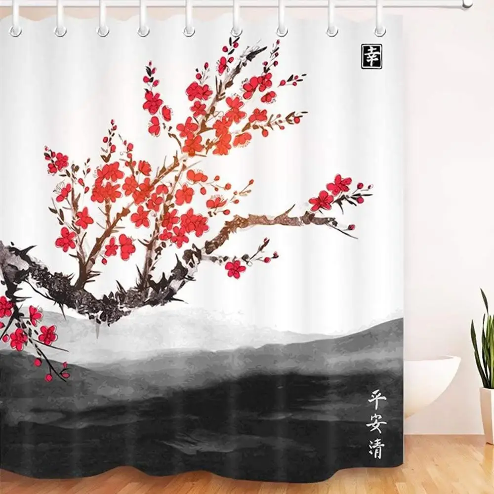 Sakura Japan Cherry with Blooming Flowers Shower Curtain 12 Plastic Hooks 71inch 