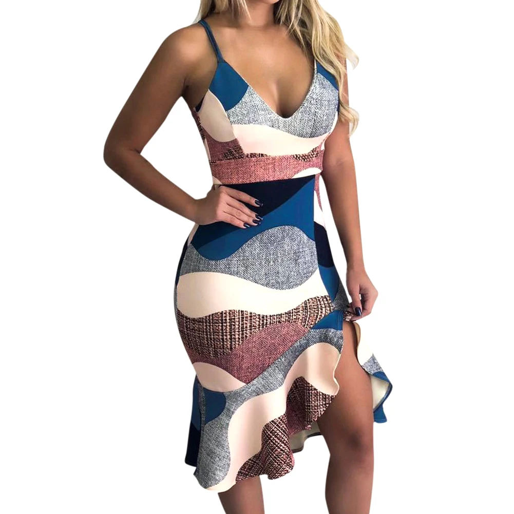 

Woman Sling Straps Sexy Ruffled Fashion Irregular Hem Printed Daily Wrap Hip Women Dress Holiday V Neck Slim Waist Party Gift