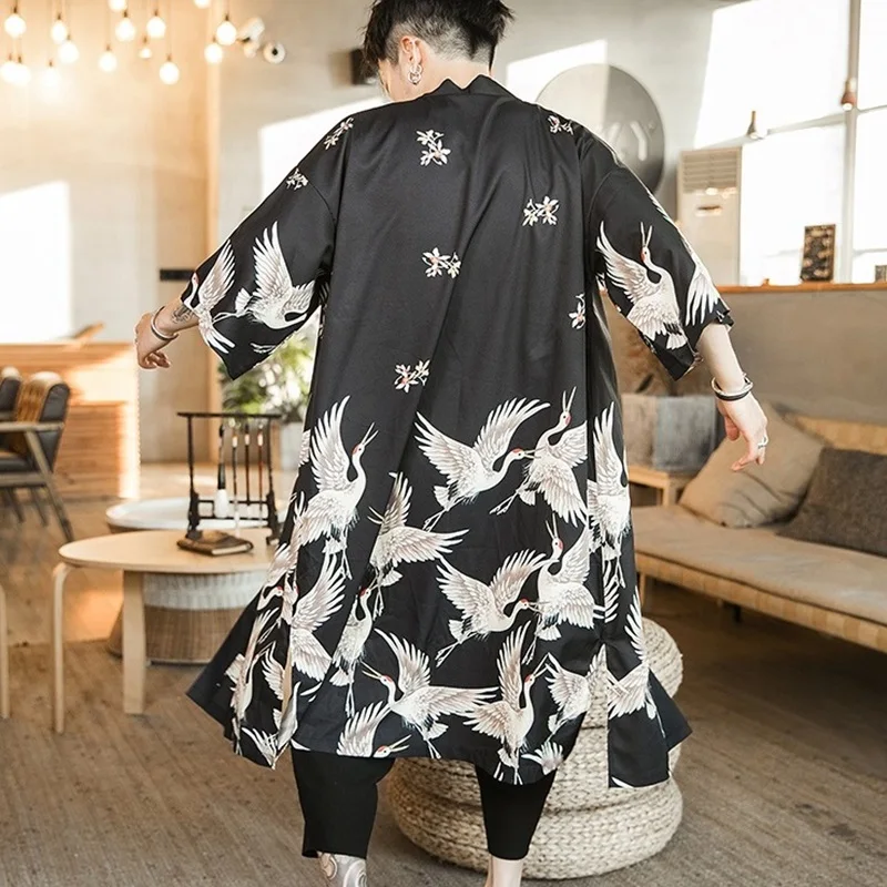 Japanese Kimono Cardigan Hawaiian Shirt Men Clothes Japanese Streetwear Extra Long Chinese Male Shirt Cool Blouse Male Kimono Cardigan AZ2003