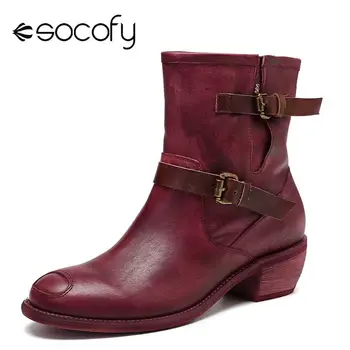 

SOCOFY Strap Splicing Boots Super Comfy Buckle Stitching Slip On Genuine Leather Cool girl Boots Retro Shoes Women 2020