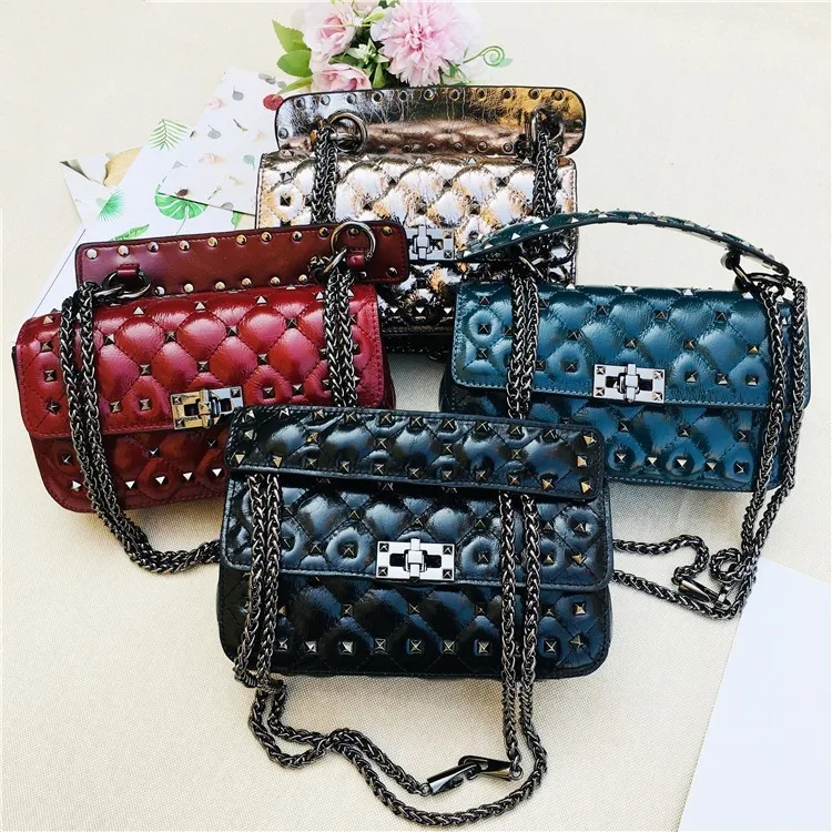 

Genuine Leather Woman 2020 Lady Sheepskin Chain Rivet Single Shoulder Slung Hand Bag Chao