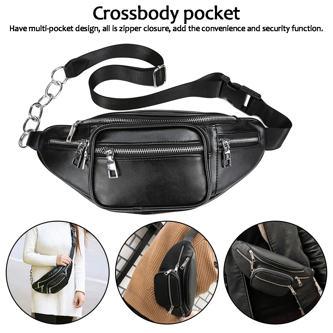 

Women Chest Bags Fashion Chain Leather Messenger Bag Shoulder Bag Female Large Capacity Zipper Phone Money Waist Packs