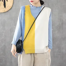 Сказочный натуральный осенний весенний винтажный Женский вязаный жилет с v-образным вырезом новые свободные удобные женские жилеты пуловеры свитер пэчворк