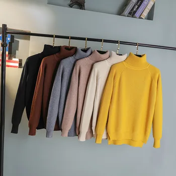 

2020 Autumn And Winter Pullovers New Turtleneck Short Before Solid Simple Fashion Loose Thick long-sleeved Women Sweaters XY000