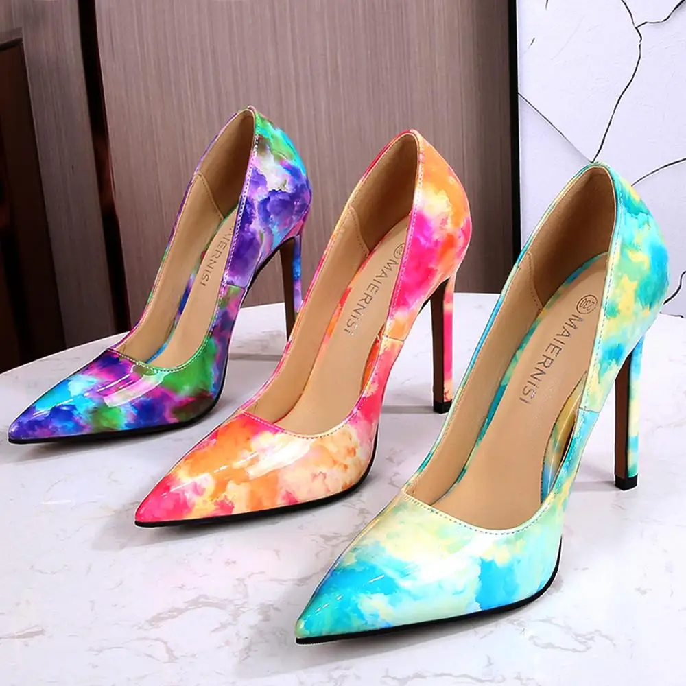 Fashion High Heels 11cm Women Shoes Colorful Graffiti PU Leather Pumps