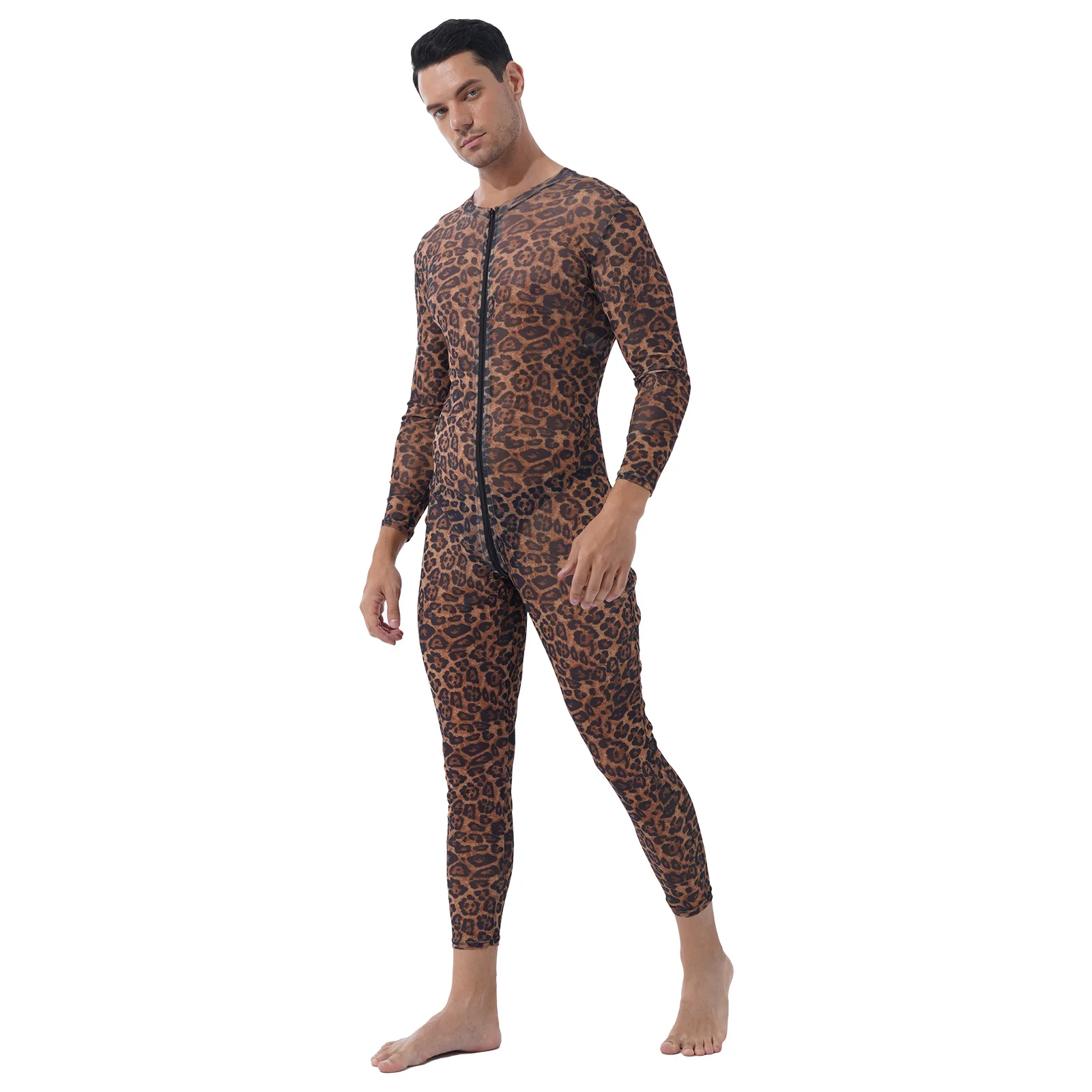 Men's Stripe/Leopard Print Full Bodysuit See Through Mesh Sheer Leotard