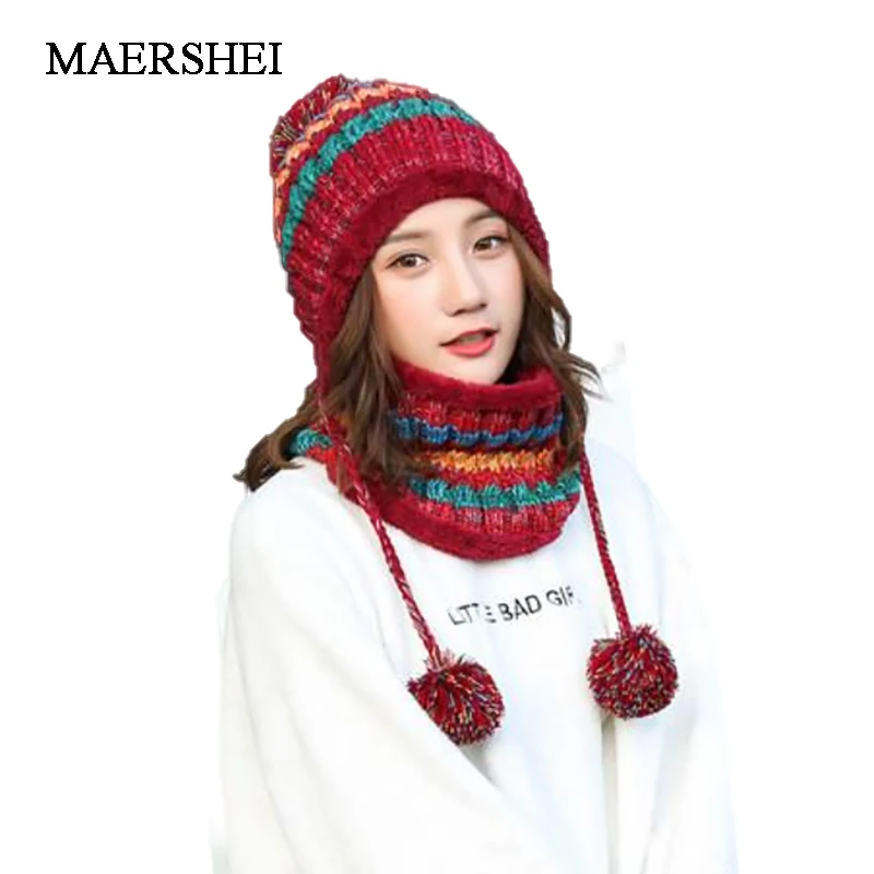 MAERSHEI 2020 winter hat female knit plus velvet thickening wild hair ball cap collar set Korean version of the warm contrast co 6