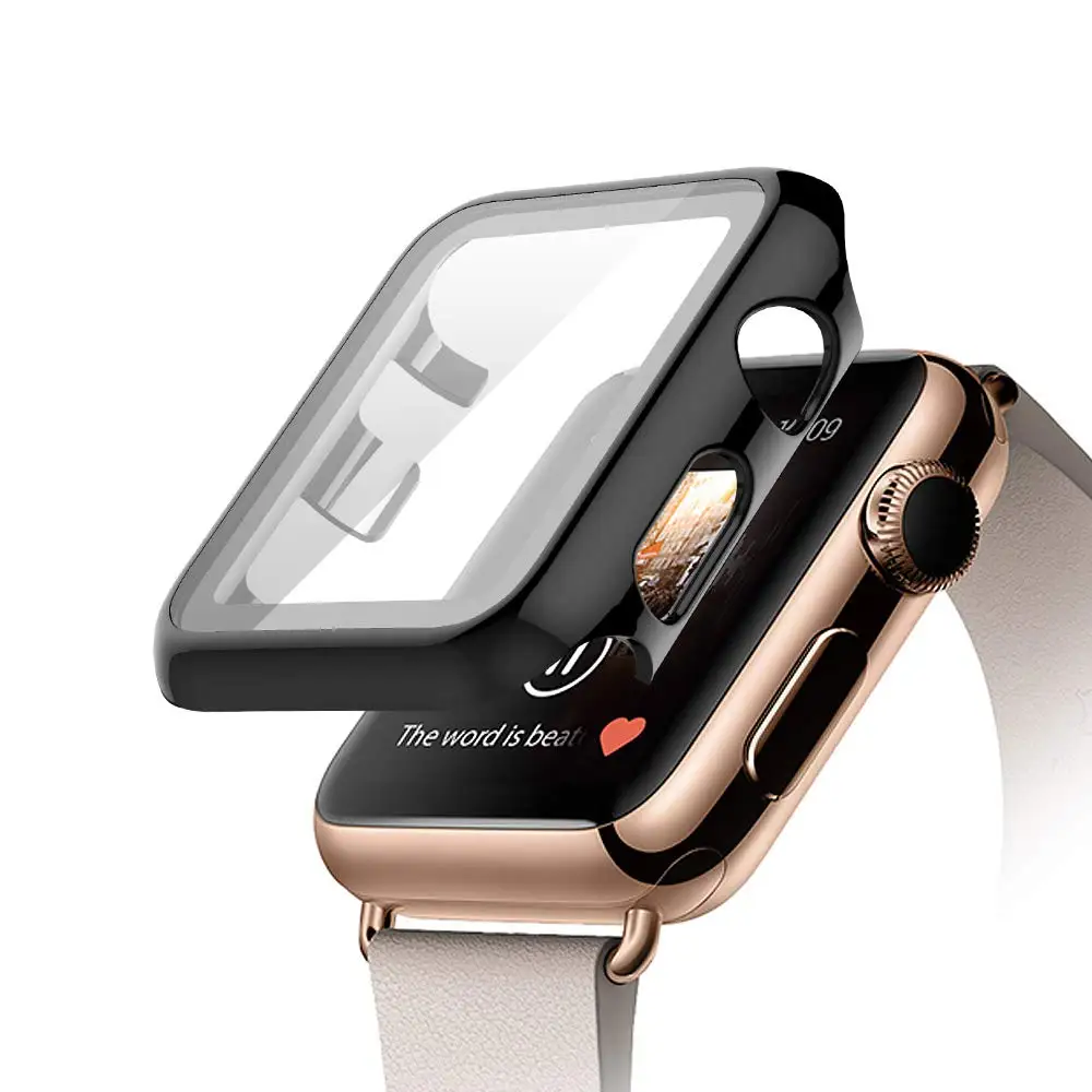 Black Закаленное стекло+ чехол для apple watch 5 4 44 мм 40 мм iWatch 3 2 1 42 мм 38 мм защита экрана+ чехол бампер аксессуары для apple watch - Цвет: Black