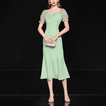 

Seifrmann Fashion Runway Summer Slim Mermaid Dress Women Vintage Chiffon Lace Flower Elegant Ball Gown Party Midi Dress Vestoido