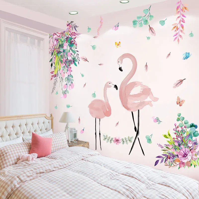 

[shijuekongjian] Flower Leaves Wall Sticker DIY Flamingo Animal Wall Decals for Living Room Kids Bedroom Nursery Home Decoration