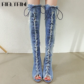 

RIBETRINI Fashion Lady Summer Knee High Shoes Open Toe Solid Women Boots 2020 Hollow Out Clear Heel Boots